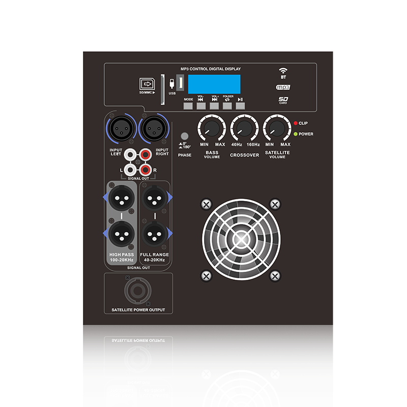 PL28SUB-5-1.1: Modalità di uscita a gamma completa o passa alto Modulo funzionale per altoparlanti line array con alimentazione a 1.1 canali