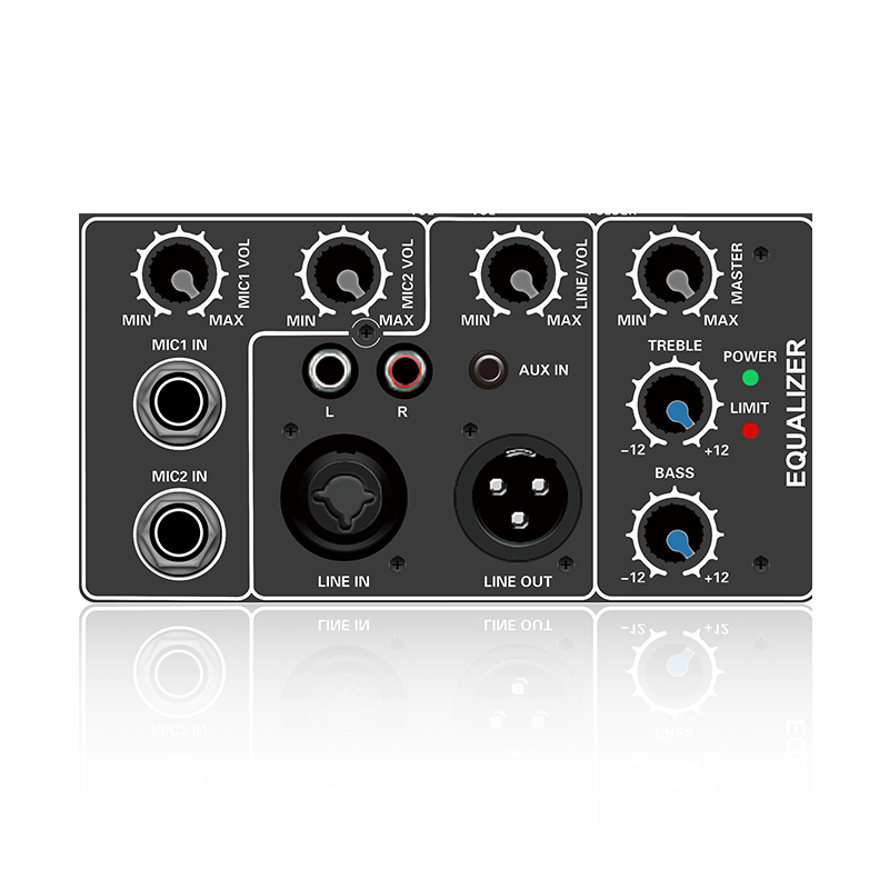 C210: Ingresso linea jack combo bilanciato Controllo EQ alti e bassi Modulo funzionale divisione frequenza elettrica