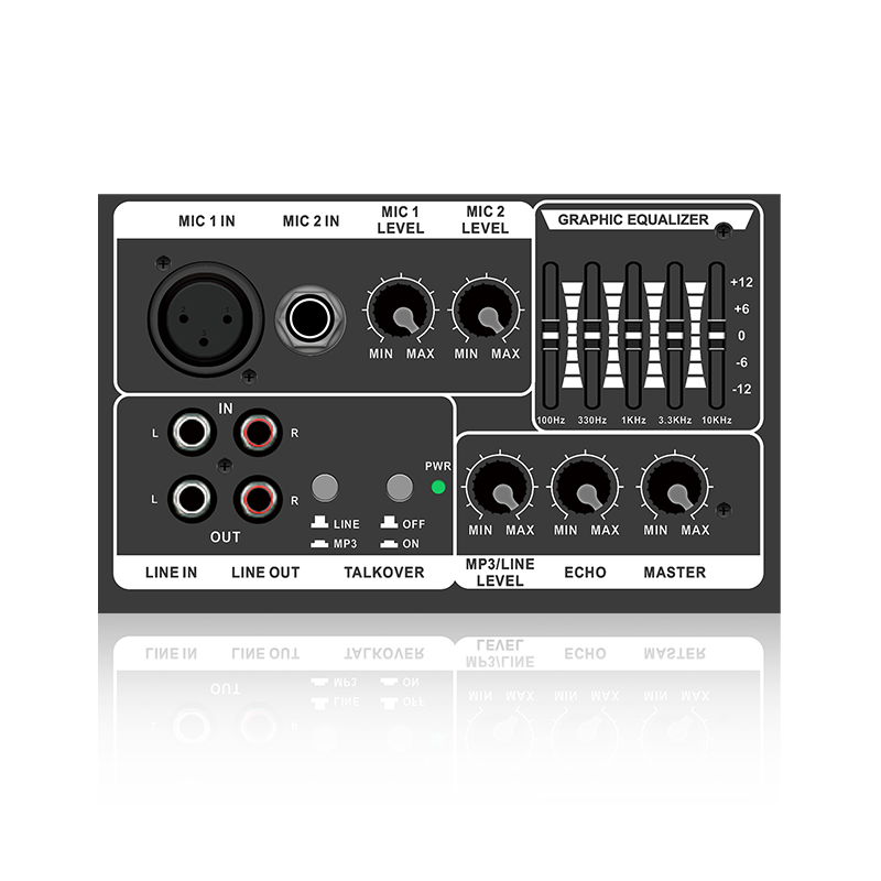 PL13-5EQ+AC: modulo funzionale analogico orizzontale con due canali microfonici e priorità microfonica per amplificatore di classe AB