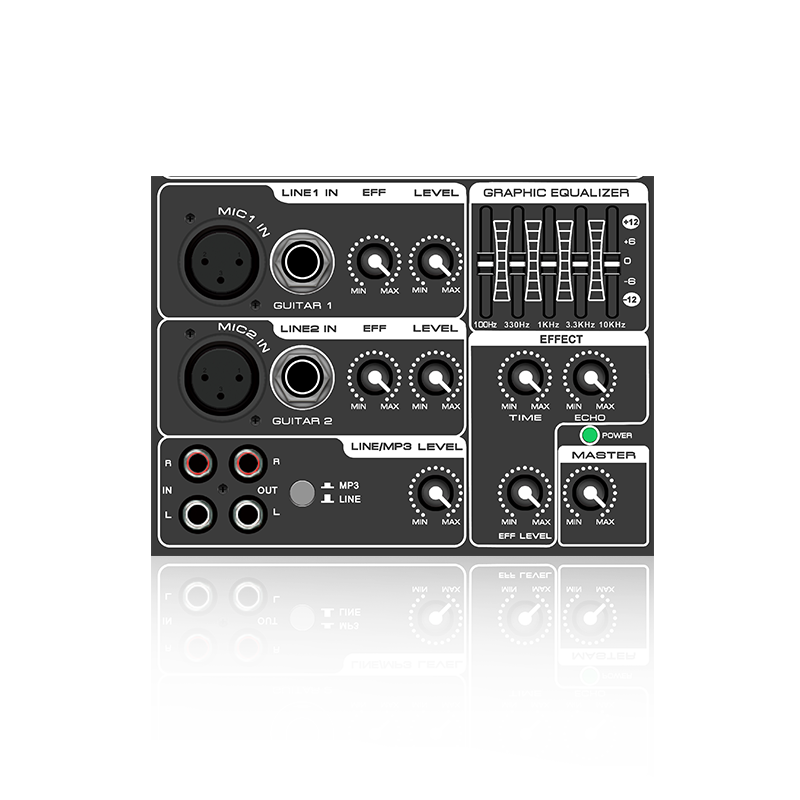 PL3: Equalizzatore grafico a 5 bande e modulo funzionale analogico orizzontale con effetto microfono per amplificatore di classe AB