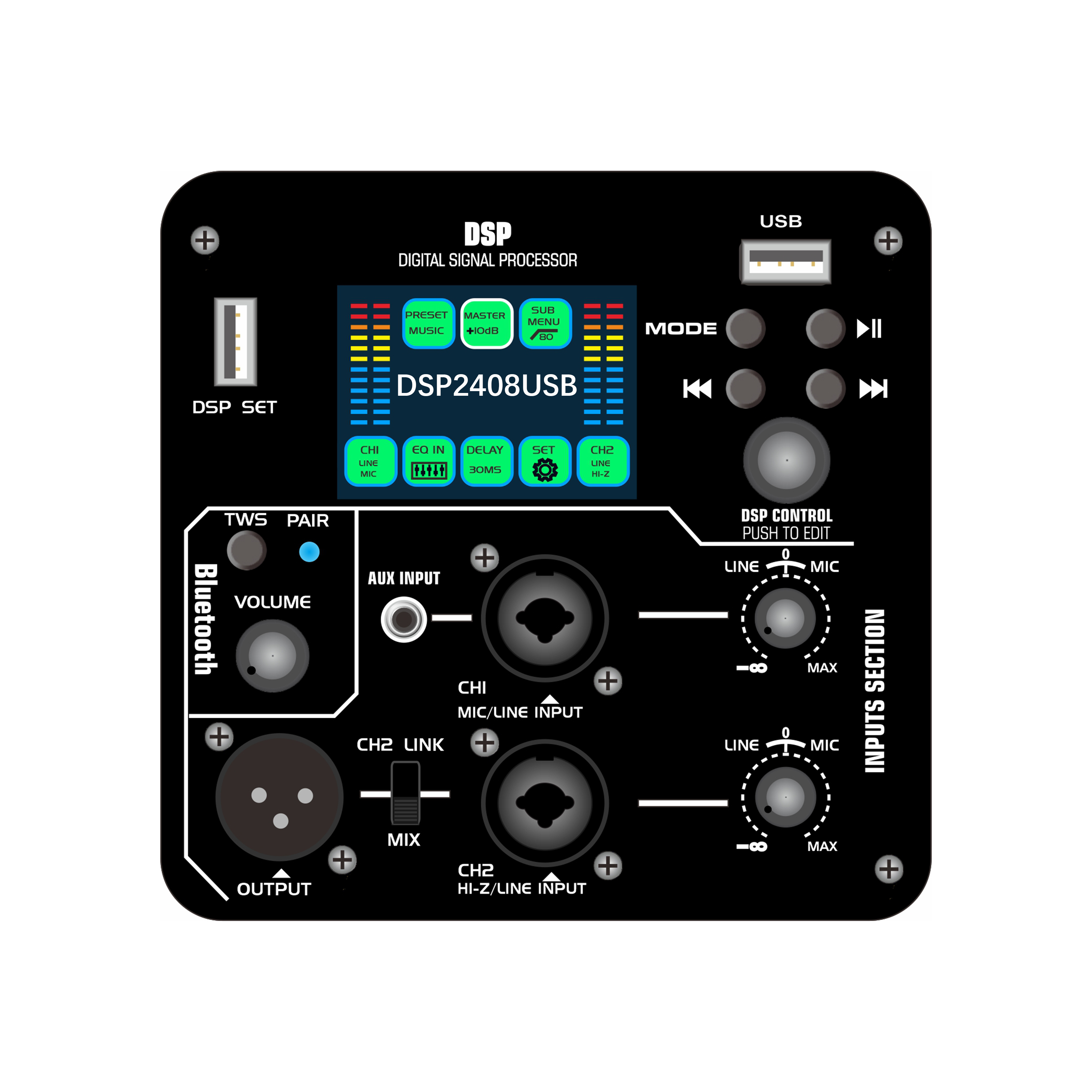 DSP2408USB Amplificatore di potenza attivo DSP con schermo a colori e funzione di riproduzione audio su unità flash USB